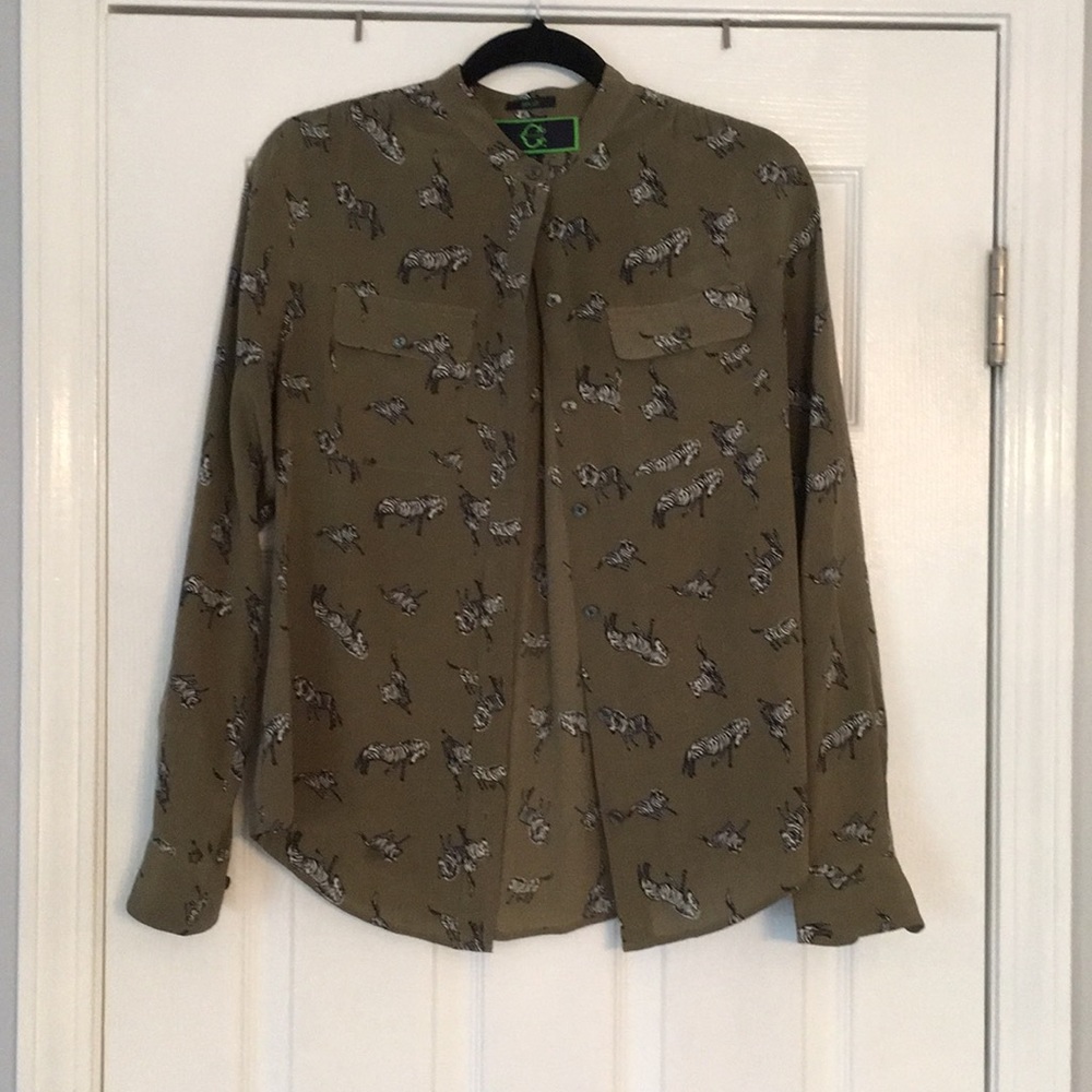 Olive green silk shirt with prancing zebras! 🦓